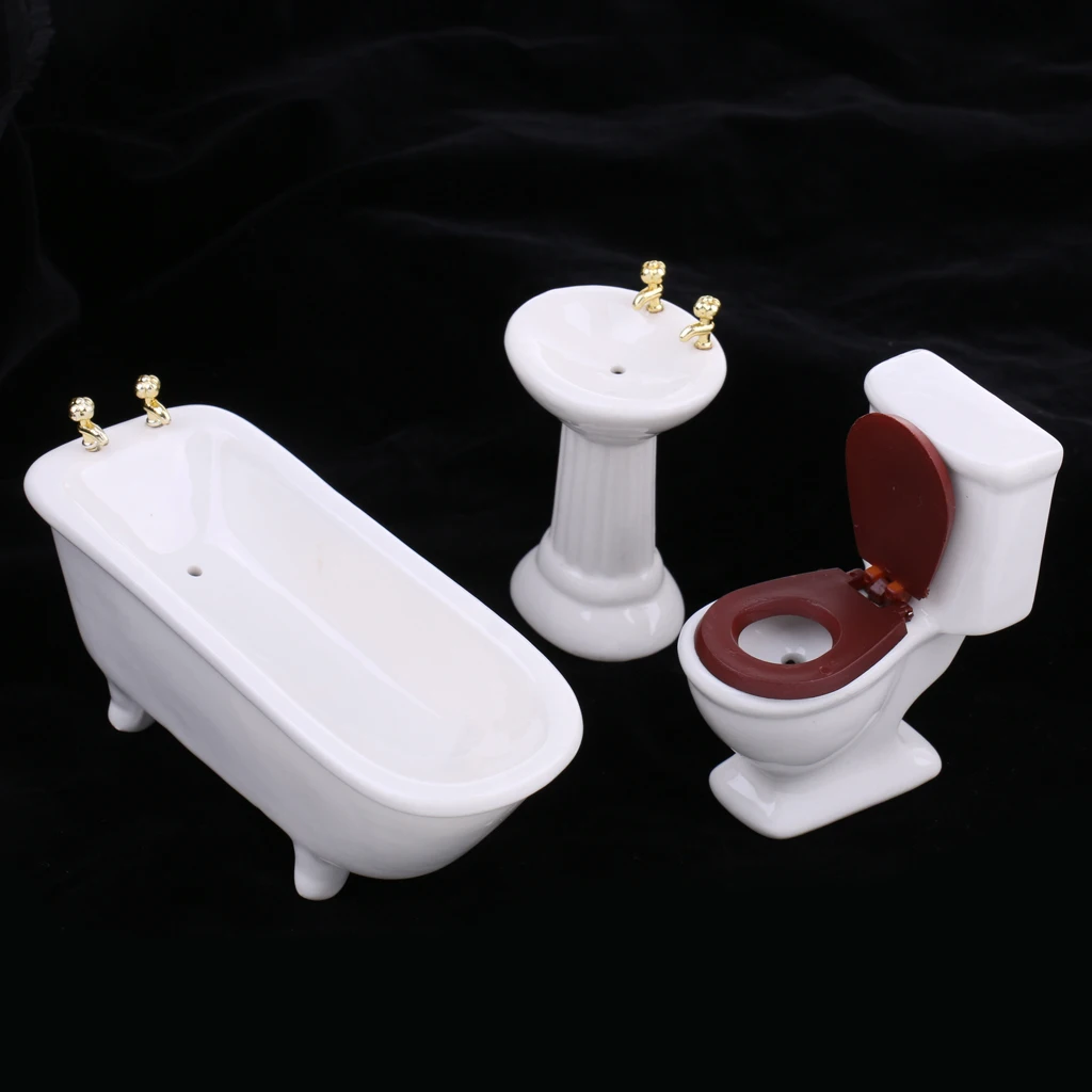 Banheiro de porcelana para Dollhouse, acessórios miniatura, estilo moderno, 1:12