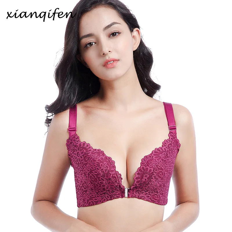 Xianqifen back Bellezza Chiusura Anteriore raccogliere Profondo Scollo A V biancheria intima delle donne Reggiseno di Pizzo Lingerie Sexy Push Up