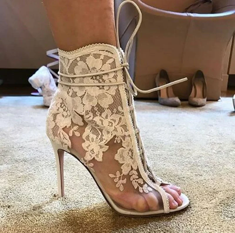 Summer Floral Lace Mesh Ankle Boots Thin High Heels Female Gladiator Peep toe Lace up Sandals Boots Women Wedding Shoes Botties