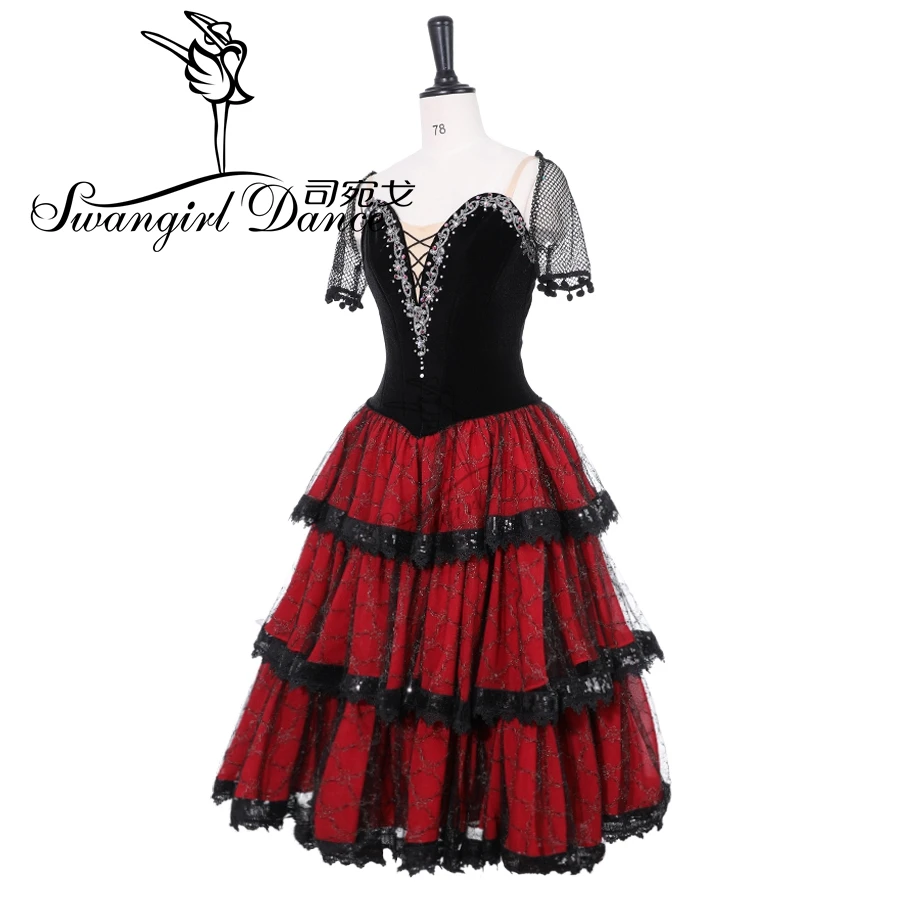 Short Sleeve Professional Ballet Costumes Black Red Ballet Long Tutu Dress Spanish Kitri Romantic Tutu Don Quixote Variation9500