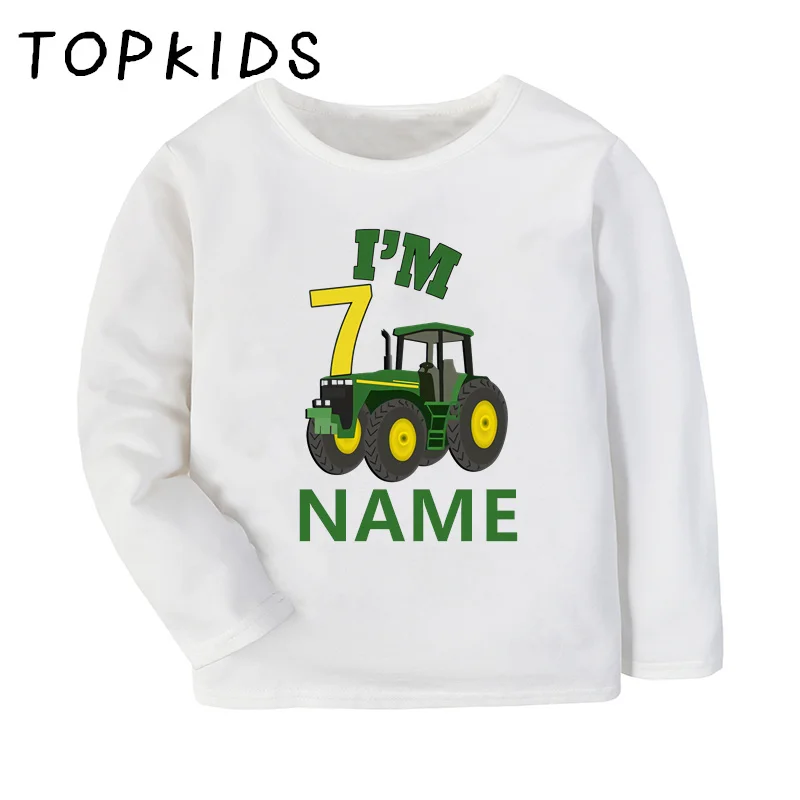 Farm Tractor Car Cartoon Boys T shirt 1 2 3 4 5 6 7 8 9 Years Birthday Customize Name Kids Long Sleeve T-shirts Girls Clothes