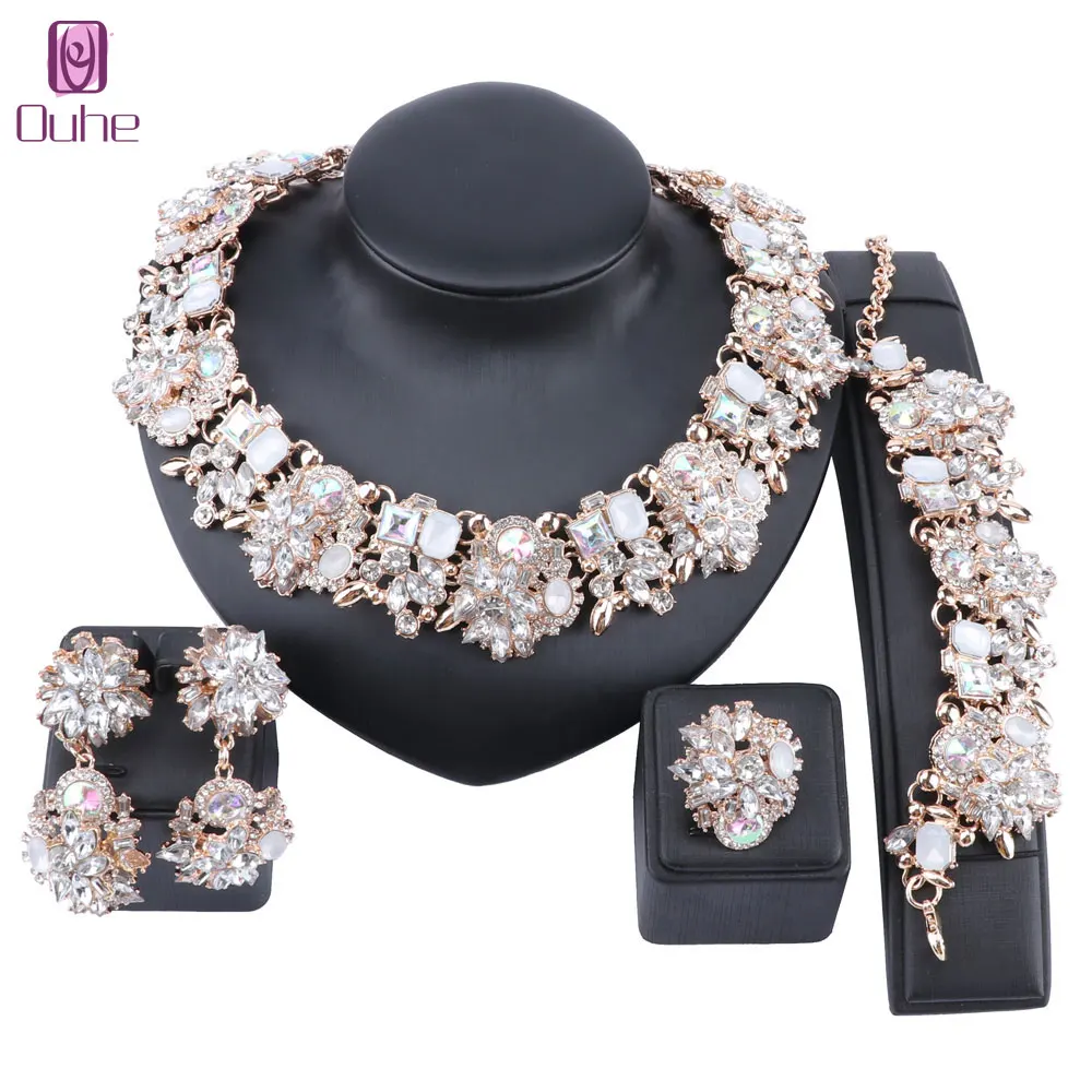 

Women Vintage Chunky Chain Choker Bib Statement Crystal Necklace Earring Bracelet Ring Bridal Jewelry Set