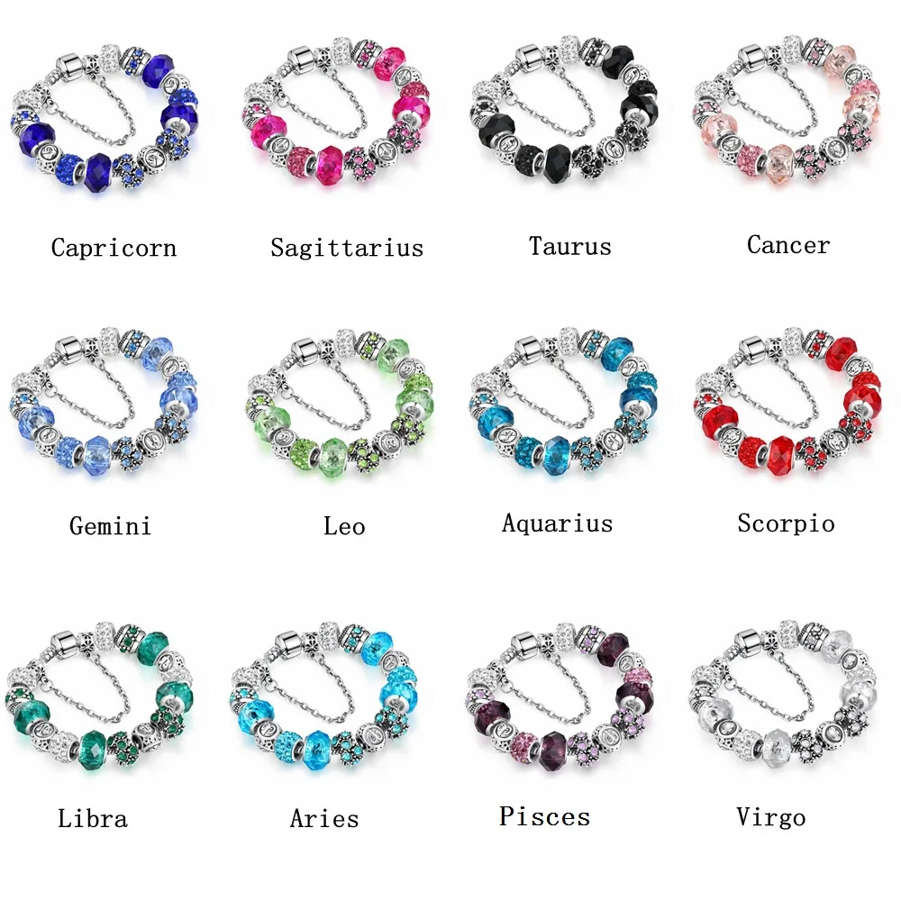 2020 New 12 Constellation Bracelet Woman Pandora Charm Crystal Glass Alloy Big Bead Bracelet Fashion Jewelry