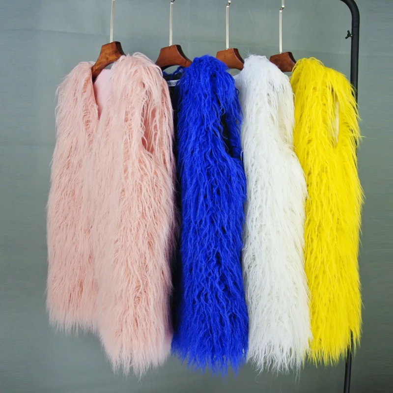 Women Fluffy Faux Sheep Fur Vest Mid-Length Sleeveless Shaggy Fur Coat Winter Warm Colorful Oversized Fashion Party Outerwear