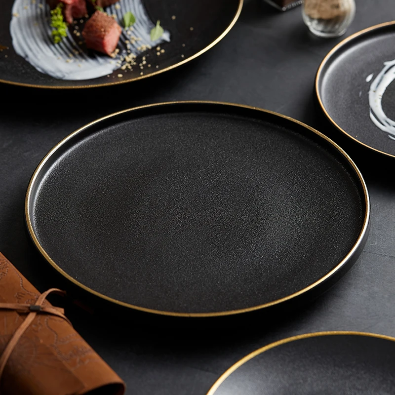 Frosted Black Ceramic Dinner Plate with Gold Border Round Steak Plate Hotel Restaurant Tableware Set Kitchen Utensils Porcelain