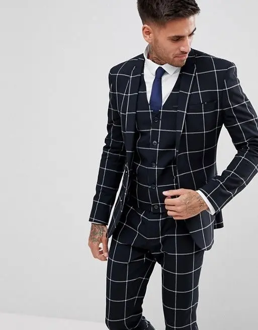 (Jacket+Pants+Vest)  Blue Plaid Work Men Suit Set 3 Piece Groomsman Beach Wedding Party Outfit 2021 Jscket Coat Custom Made