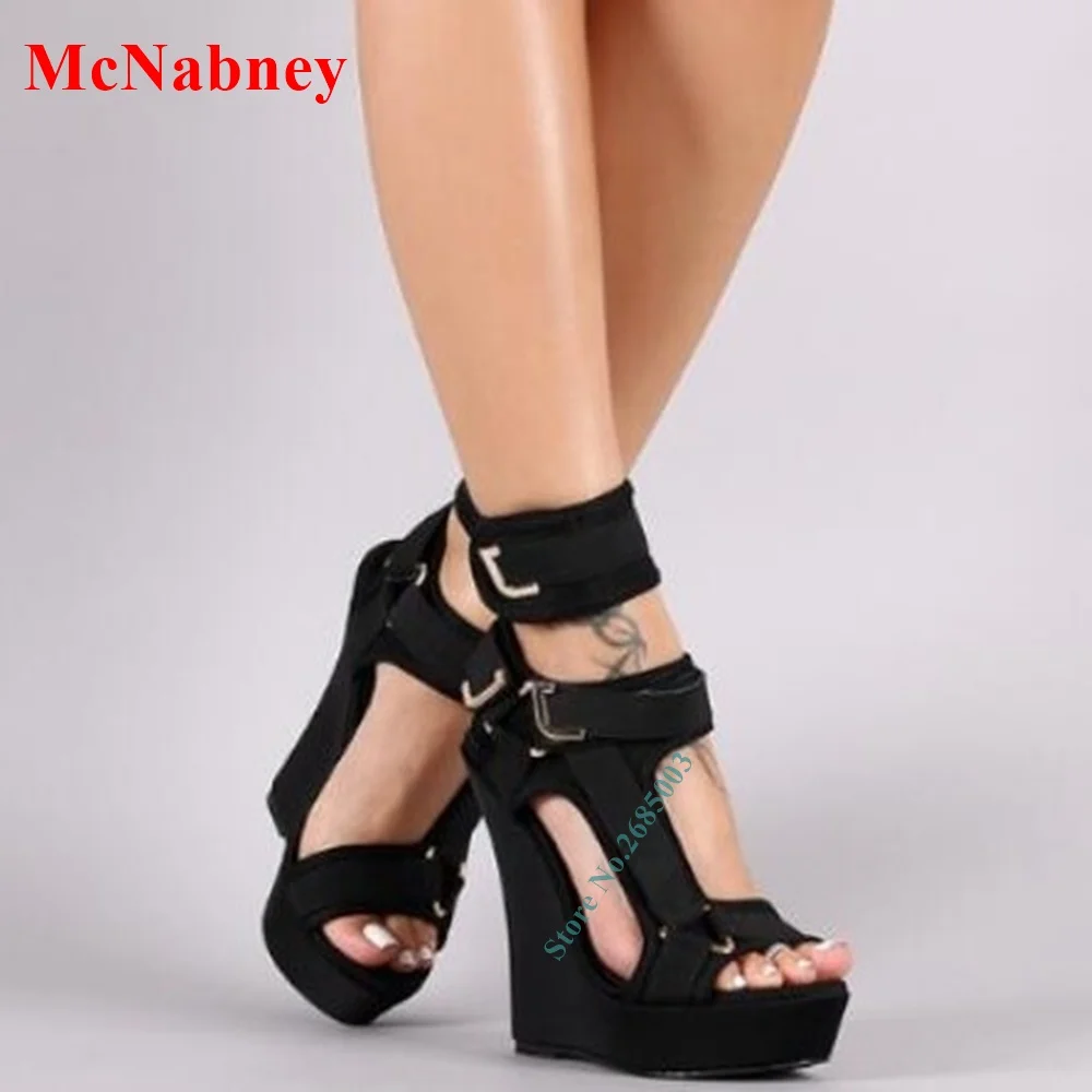 Custom Made Heeled Wedge Sandals Open Toe Solid Ankle Buckle Straps Platform Sandals Female Dress Shoe Summer Party Daily Black