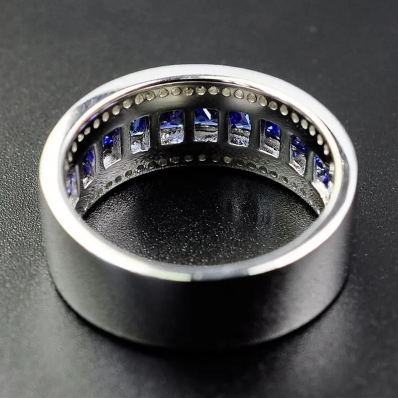 Men\'s Deluxe 10K white Gold Princess-cut Blue Sapphire Crystal gemstone Band ring Wedding Rings for Men Women jewelry