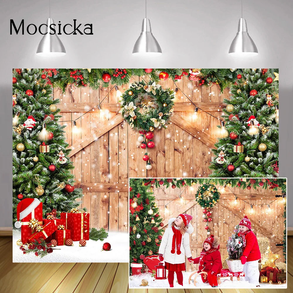 

Christmas Rustic Barn Wood Door Backdrop Photocall Xmas Tree Gift Birthday Portrait Background Snow Winter Festival Party Decor