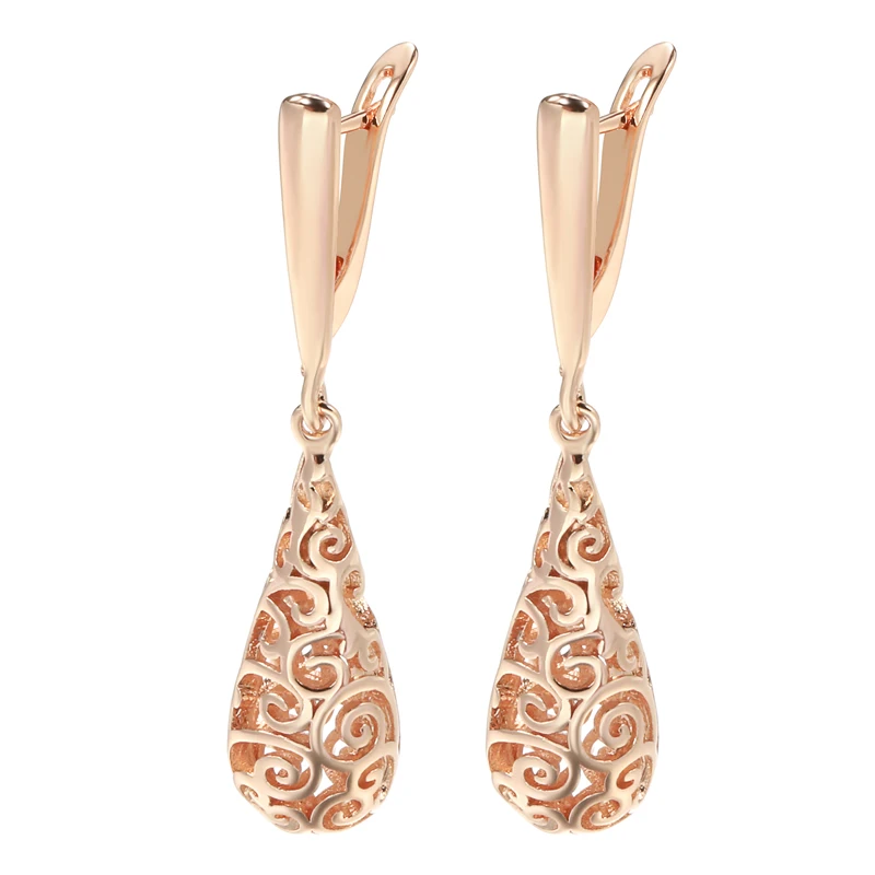 

New 585 Rose Gold Long Hollow Earrings Creative Party Fashion Jewelry Water Droplets Women Drop Earrings