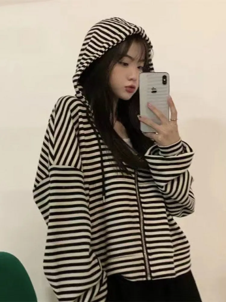 2022 Autumn Women Striped Hoodies Sweatshirt Long Sleeve Hooded Zipper Pockets Jackets Casual  Tracksuit Female Clothes