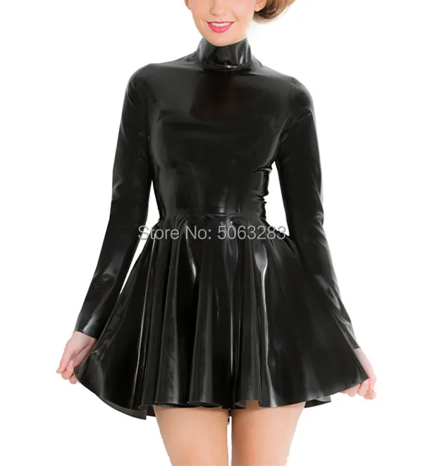 

Women's Skater Mini Dress in Black Rubber Latex with High Neck