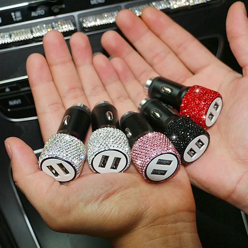 

Bling USB Car Charger 5V/2.1A Crystal Decoration Dual Port Fast Adapter,3.9ft Nylon Type C Micro USB 3-in-1 Multi Charging Cable