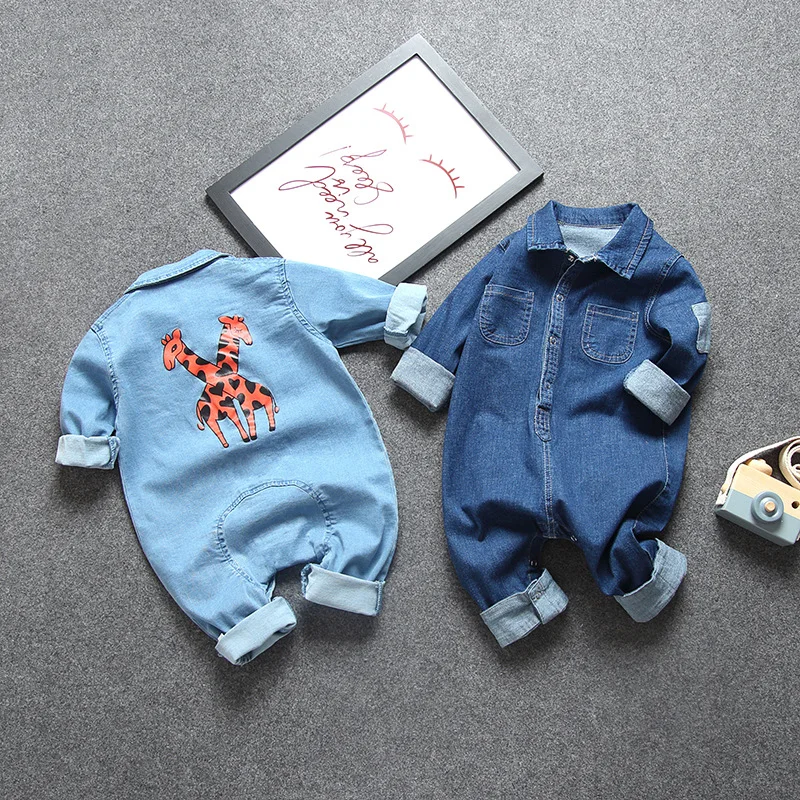 Spring Autumn Newborn Baby Hooded Romper Jumpsuit Long Sleeve Denim Blue Bodysuit with Pockets Outfits