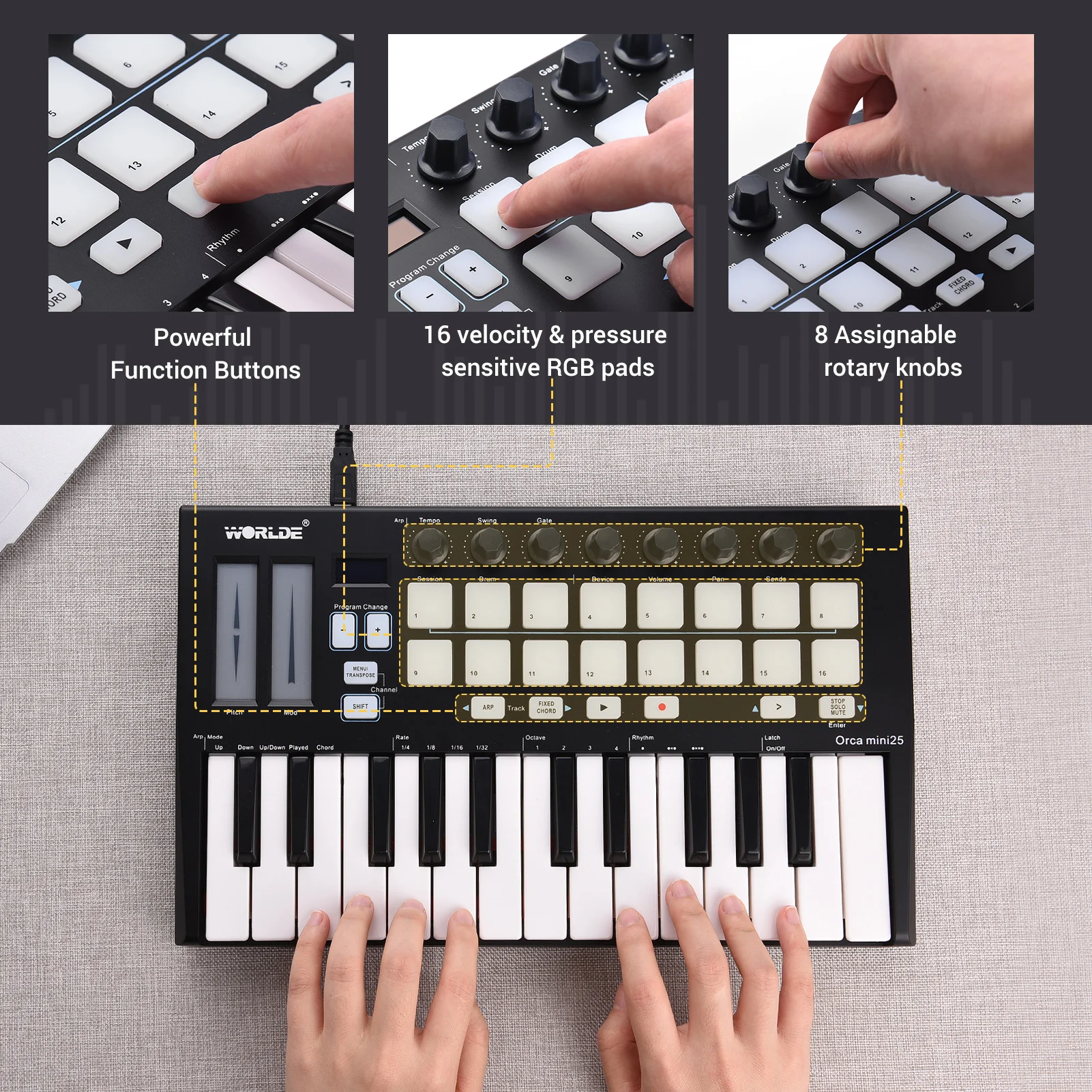 Hot WORLDE Panda MIDI Keyboard MIDI Controller Drum Pad MINI 25Key Portable USB MIDI Keyboard Controller professional Synthesize