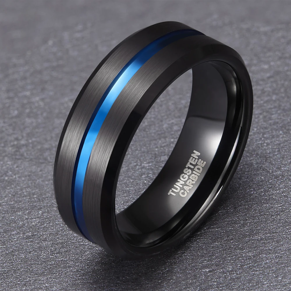 Somen 8mm Blue Line Inlay Mens Black Tungsten Carbide Ring For Engagement Wedding Rings Jewelry Masonic Ring Bague Homme