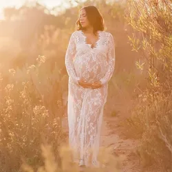 Pregnancy Dress for Photo Shoot Maternity Photography Props Sexy V Neck Lace Maxi Gown Dress Plus Size Pregnant Women Clothes