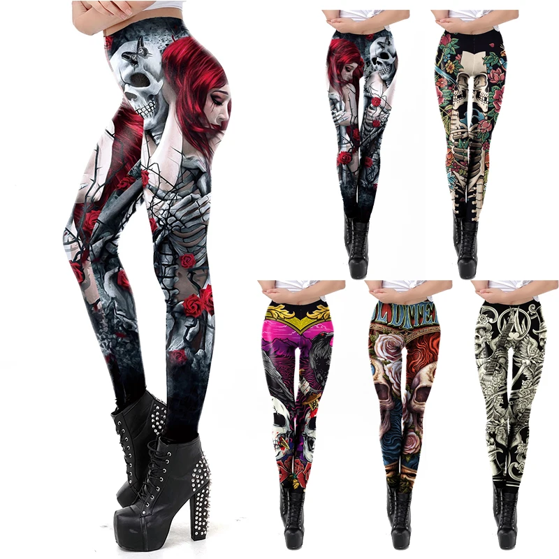 Fashion Skull Rose Print Leggings Cosplay Halloween Women Pants Sexy Skinny Female Pants Seam Fitness Leggings