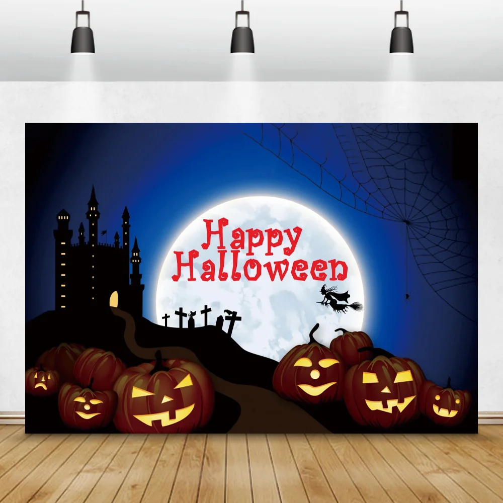 

Happy Halloween Eve Night Party Background For Photography Moon Pumpkin Black Castle Spider Tombstone Photocall Backdrop Banner