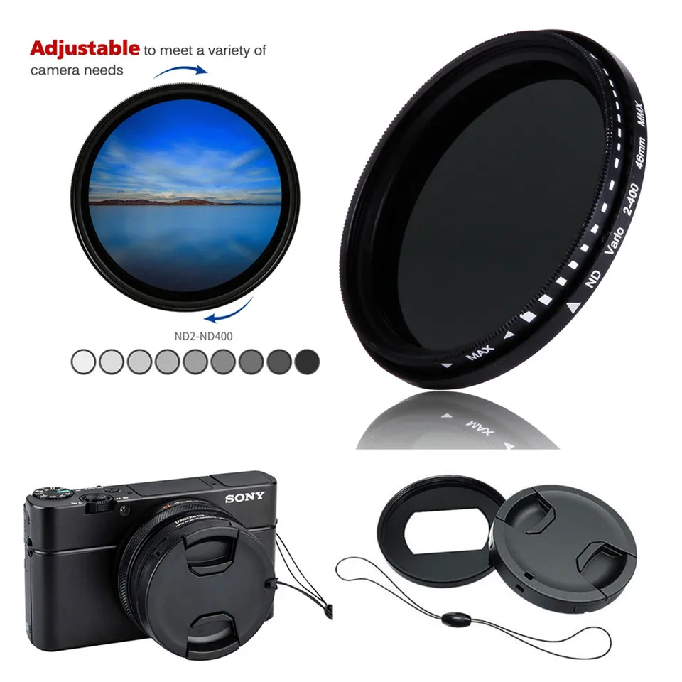Variable ND Filter ND2-400 Neutral Density & Adapter Ring Lens Cap