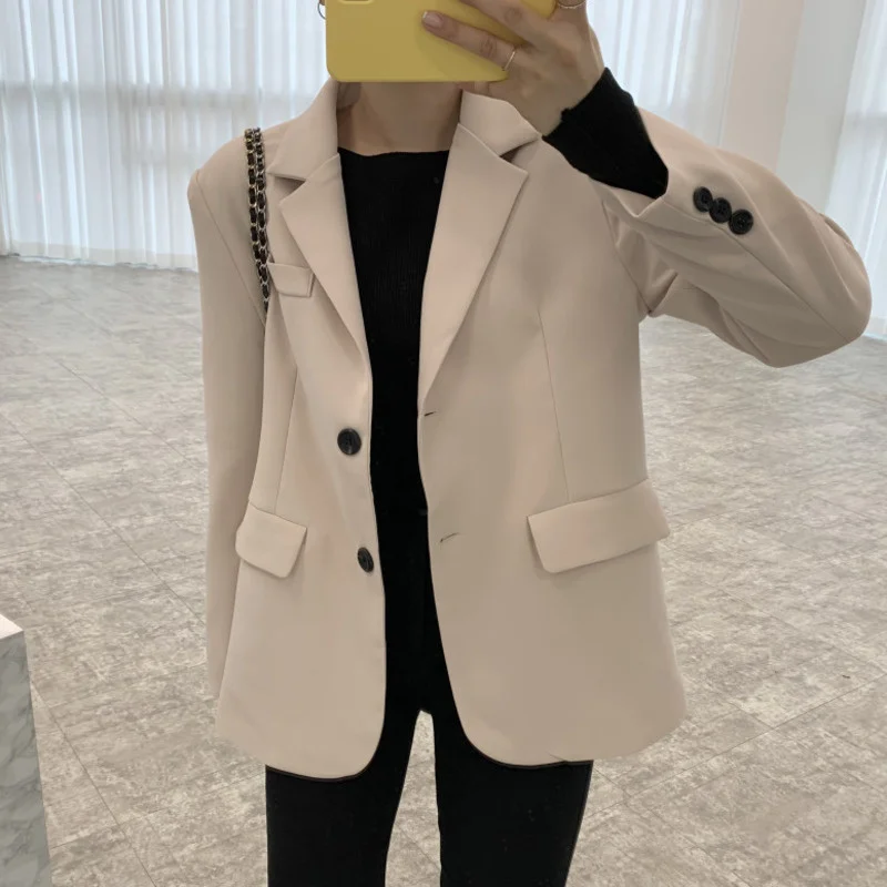 Temperament Mode Apricot Blazer Frauen Herbst 2021 Neue Kerb Lose Einreiher Langarm Anzug Jacke U224