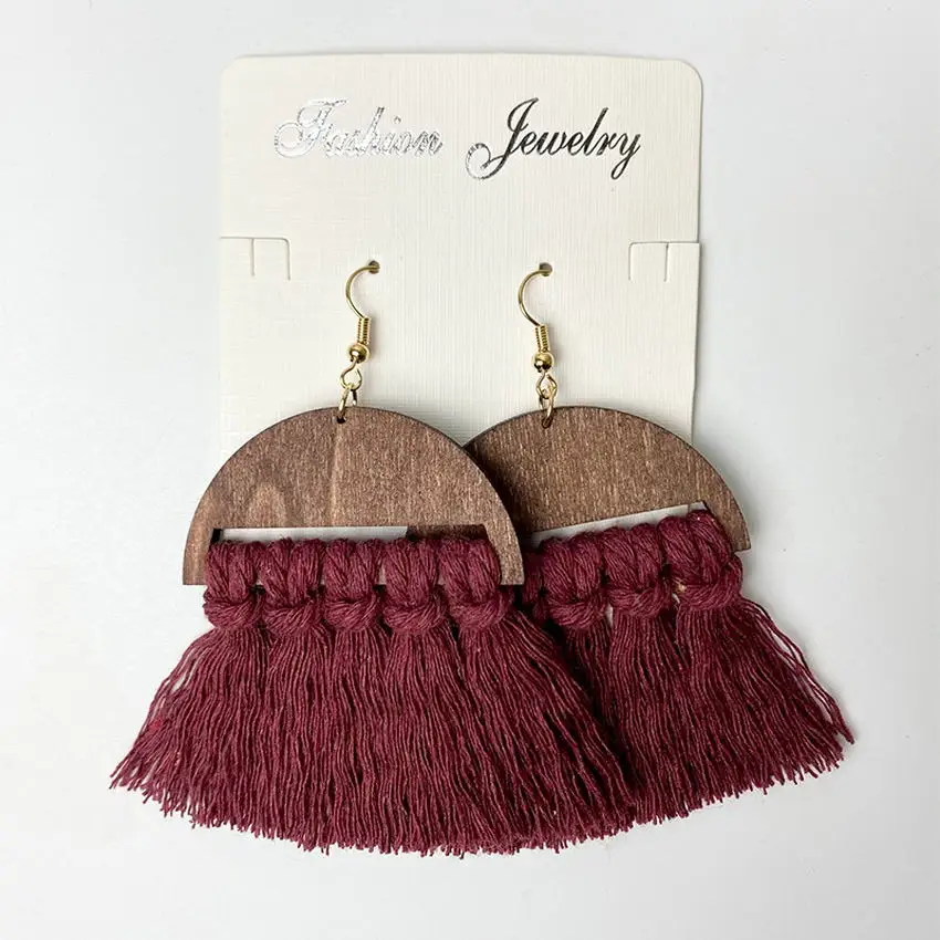 Half Round Wood Plait Tassel Fringe Boho Earrings for Women 2021 New Original Handmade Jewelry Wholesale