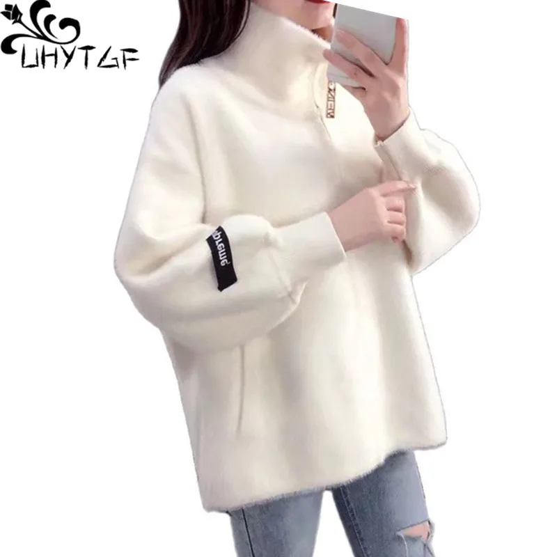 

UHYTGF Knit Cardigan Women Autumn Sweater Jacket Imitation Mink Fleece Casual Short Coat 3XL Loose Size Top Outwear Female 2252