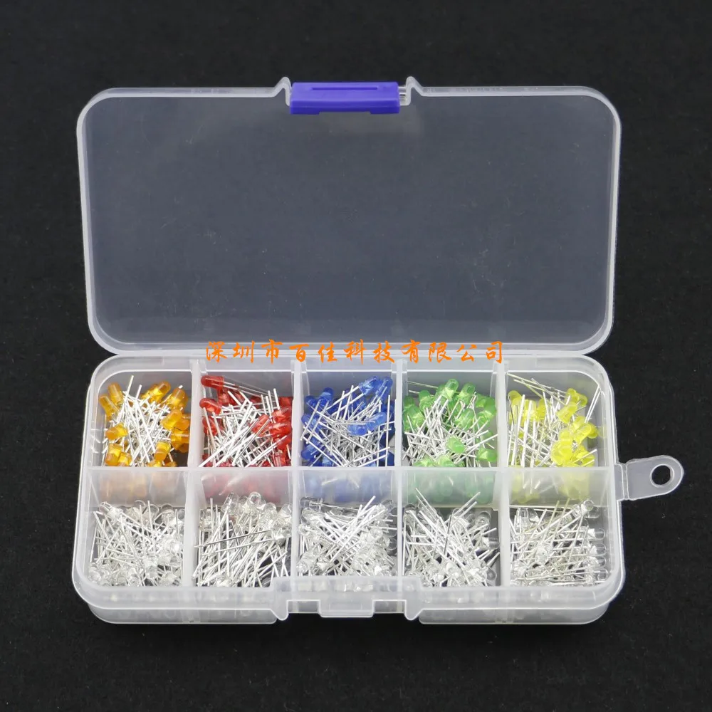 300Pcs 3mm red, green, yellow, orange and blue high-brightness LED lamp beads in-line light-emitting diode box