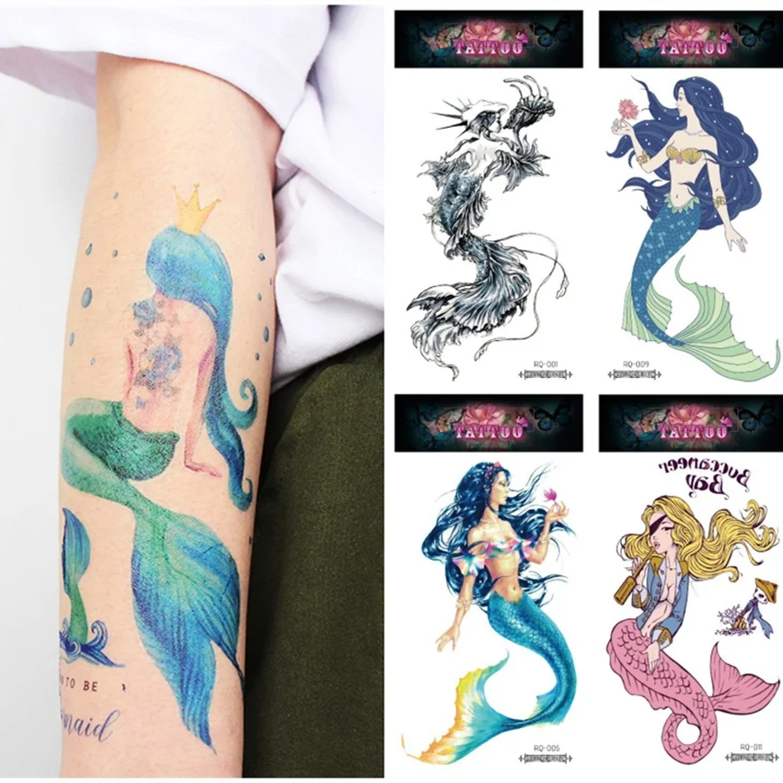 12 Kinds Large Size Mermaid Tattoo Women Disposable Fashion Makeup Temporary Body Art Summer Sticker Waterproof Summer Vacation