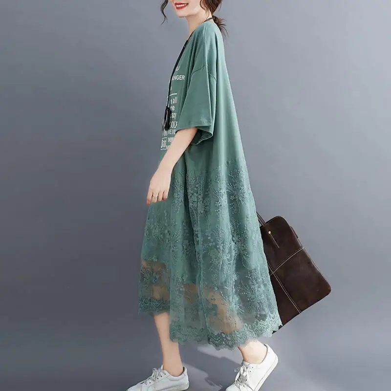 Quá Khổ Ren Áo Mùa Hè 2022 Hàn Quốc Cotton Ngắn Nữ Đầm Nữ Thời Trang Mới Oversize Dài Đầm Midi