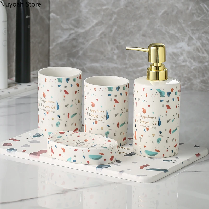 Bathroom Accessories Nordic Light Luxury Terrazzo Pattern Ceramic Lotion Bottle Algae Mud Pad Mouthwash Cup Bathroom Decoration