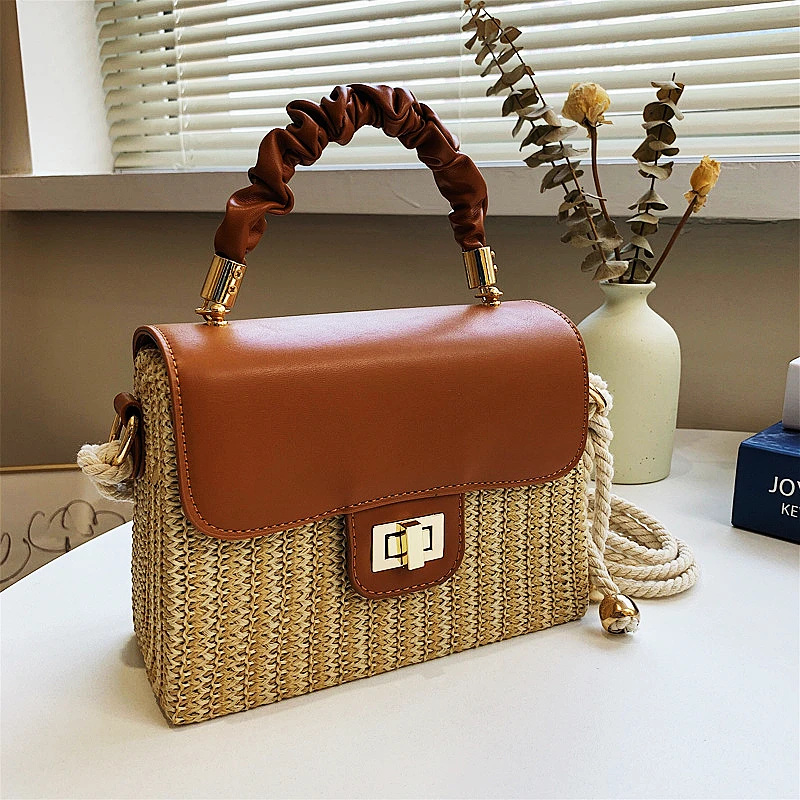 Straw Beach Bag for Women 2021 Summer Pleated Handle Luxury Designer Bag Contrast Color Crossbody Purse and Handbag Lady Bolsos