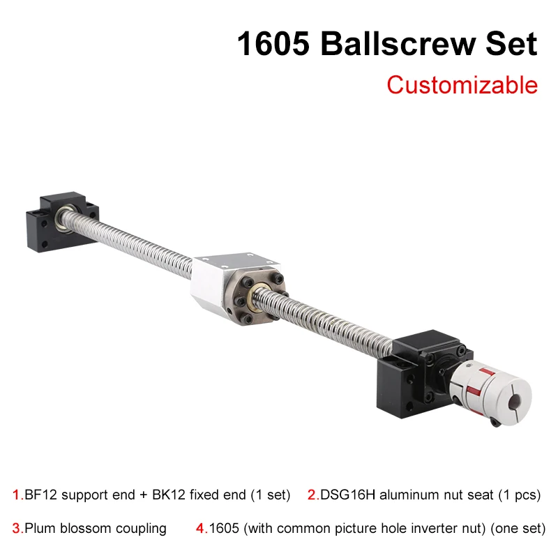 

1605 Set: Ball Screw 300 350 600 1000mm C7 With End Processing + 1605 Ball Nut + Nut Shell + BKBF12 End Support + CNC Coupler