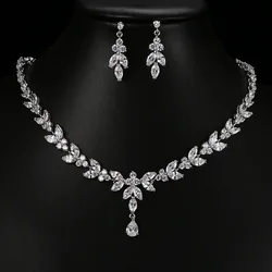 Ekopdee Luxury Brilliant Leaf Jewelry Set For Women Zircon Silver Color Wedding Bridal Necklace Earrings 2021 New Parure Bijoux