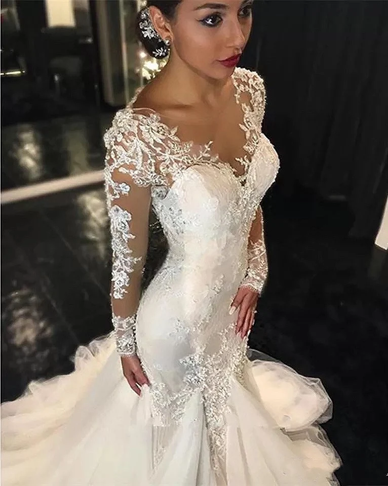 2021 lindo laço sereia vestido de casamento dubai africano árabe com pele superior petite mangas compridas magro fishtail vestidos de noiva