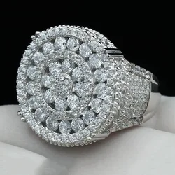 Hot Sale Hollow Out Round Crystal Ladies Ring Micro Paved Full Bling Iced Out Rhinestone Zircon for Women Men Party Jewelry
