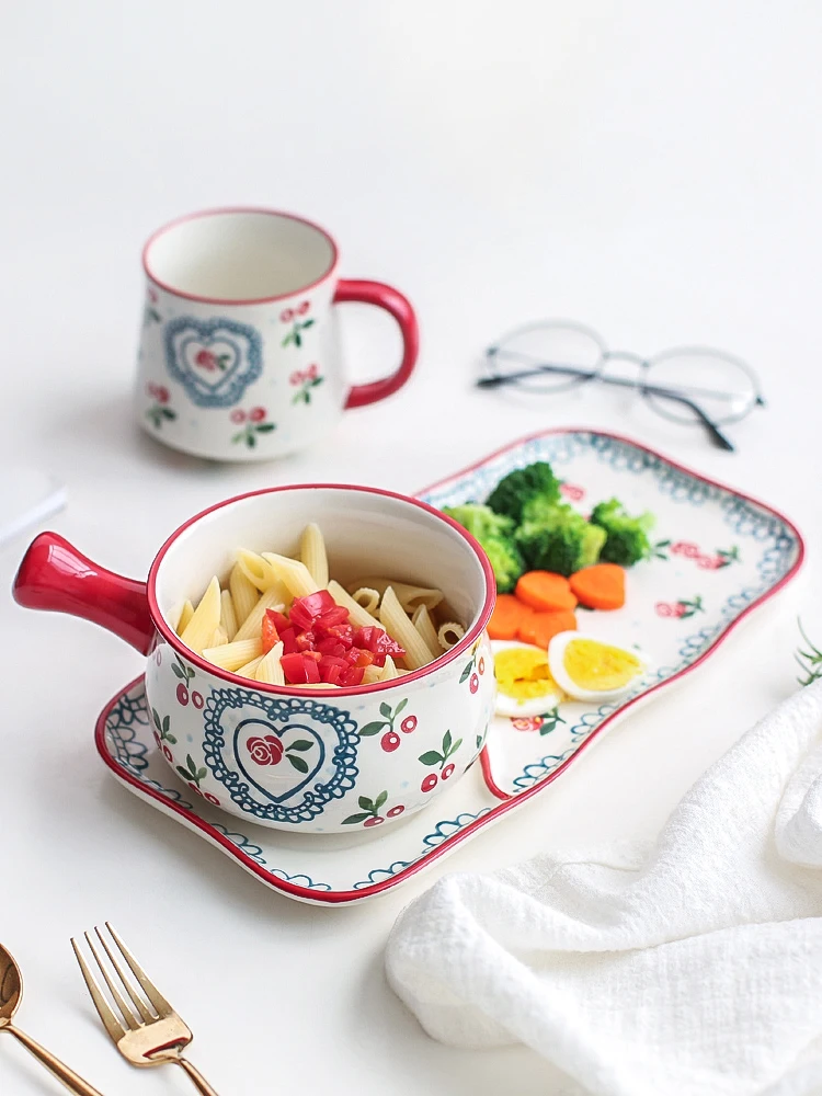 

ceramic dish Japanese breakfast dishes cutlery set one person tableware creative cute cherry breakfast plate oatmeal bowl