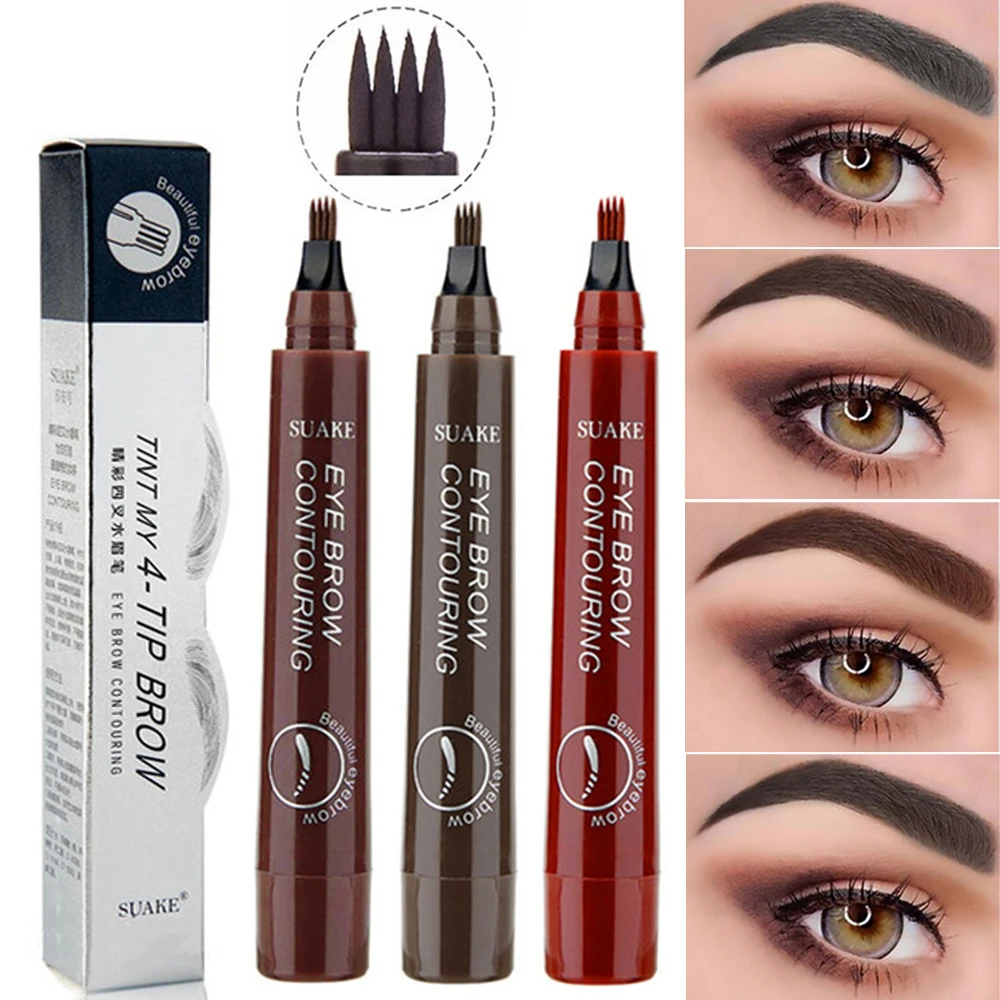 Microb lading flüssiger Augenbrauen stift 3d wasserdicht 4 Gabel Spitze Punkt Augenbrauen Tattoo Bleistift langlebige feine Skizze wasserdicht billig