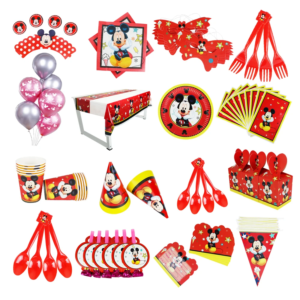 

Disney Mickey Mouse Boys Birthday Party Flags Decorations Balloon Cups Plates Bag Tablecloth Baby Shower Disposable Tableware