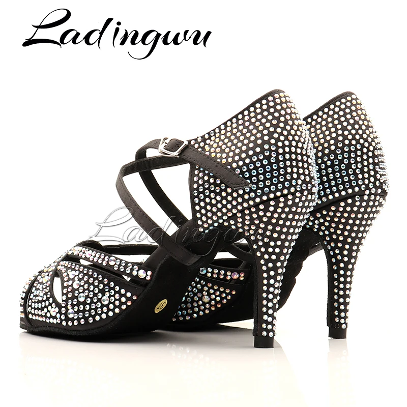 Ladingwu Dance Shoes Latin Woman Salsa Black Satin Dancing Shoes Glitter Rhinestone Professional Dance Shoes Ballroom Soft Botto