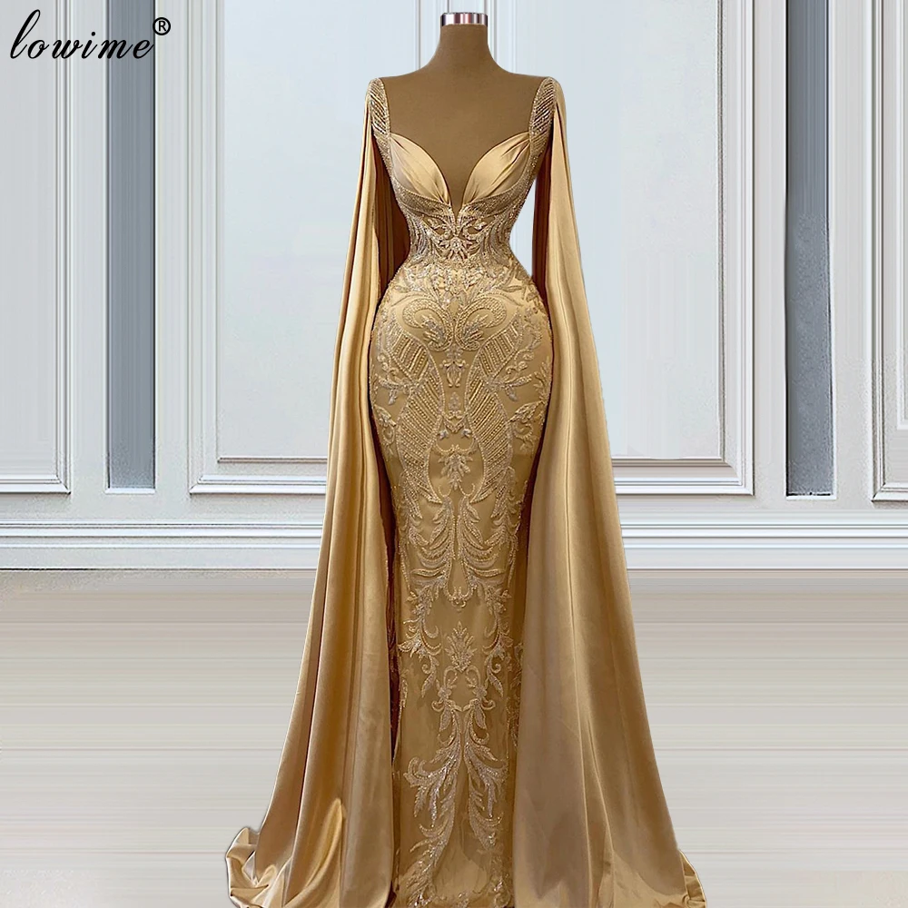 Moslim Champagne Prom Jurken Voor Vrouwen 2021 Arabisch Formele Avondjurken Lange Mouwen Mermaid Wedding Party Jurken Vestidos