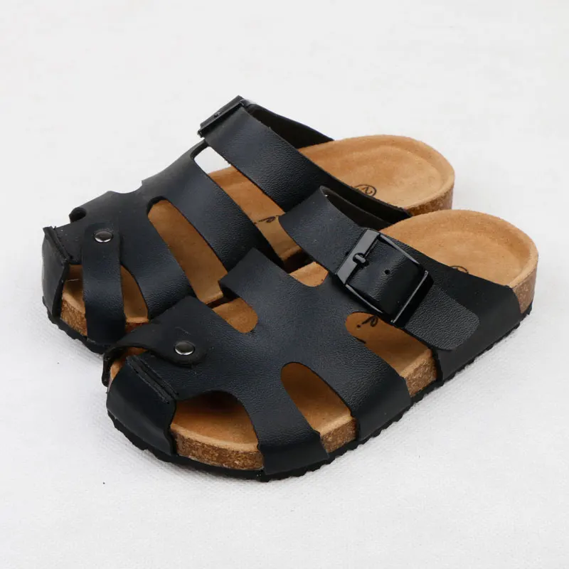 Sandálias infantis para meninos e meninas, chinelos de cortiça, salto plano pu casual com buracos, moda para crianças, verão