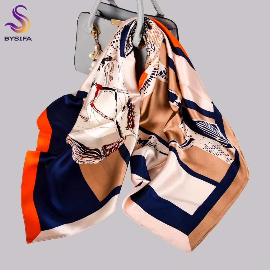 BYSIFA| 2020 New Orange Square Scarves Fashion Horse Design Ladies 100% Silk Scarf Shawl Printed 90*90cm Fall Winter Neck Scarf