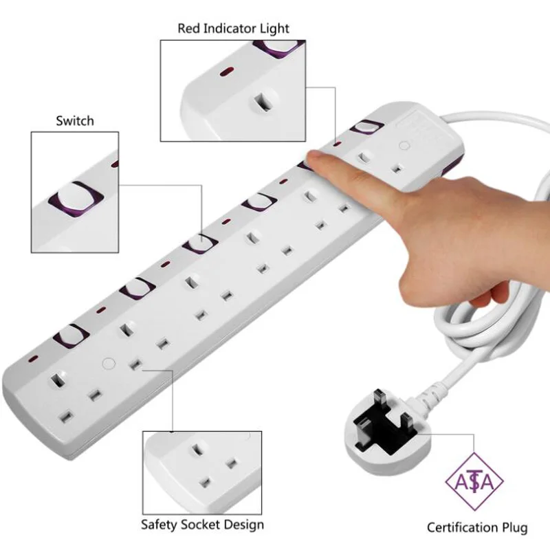 Power Strip Surge Protector 5/6 AC UK Outlet Plug Socket With Independent Switch Electrical Adapter 2M Extension Cord