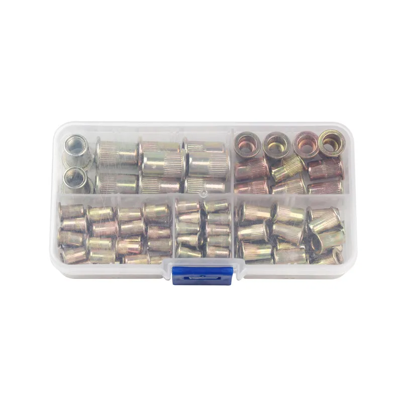 100PCS/lot With Box Carbon Steel Rivet Nuts M3 M4 M5 M6 M8 Multi Size Insert Rivets Flat Head Rivet Nuts Set