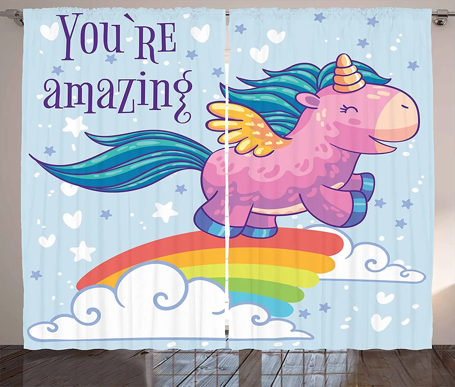 Unicorn Party Blackout Curtains Small Pony Riding a Rainbow in The Sky with Motivational You're Amazing Quote Window Curtain