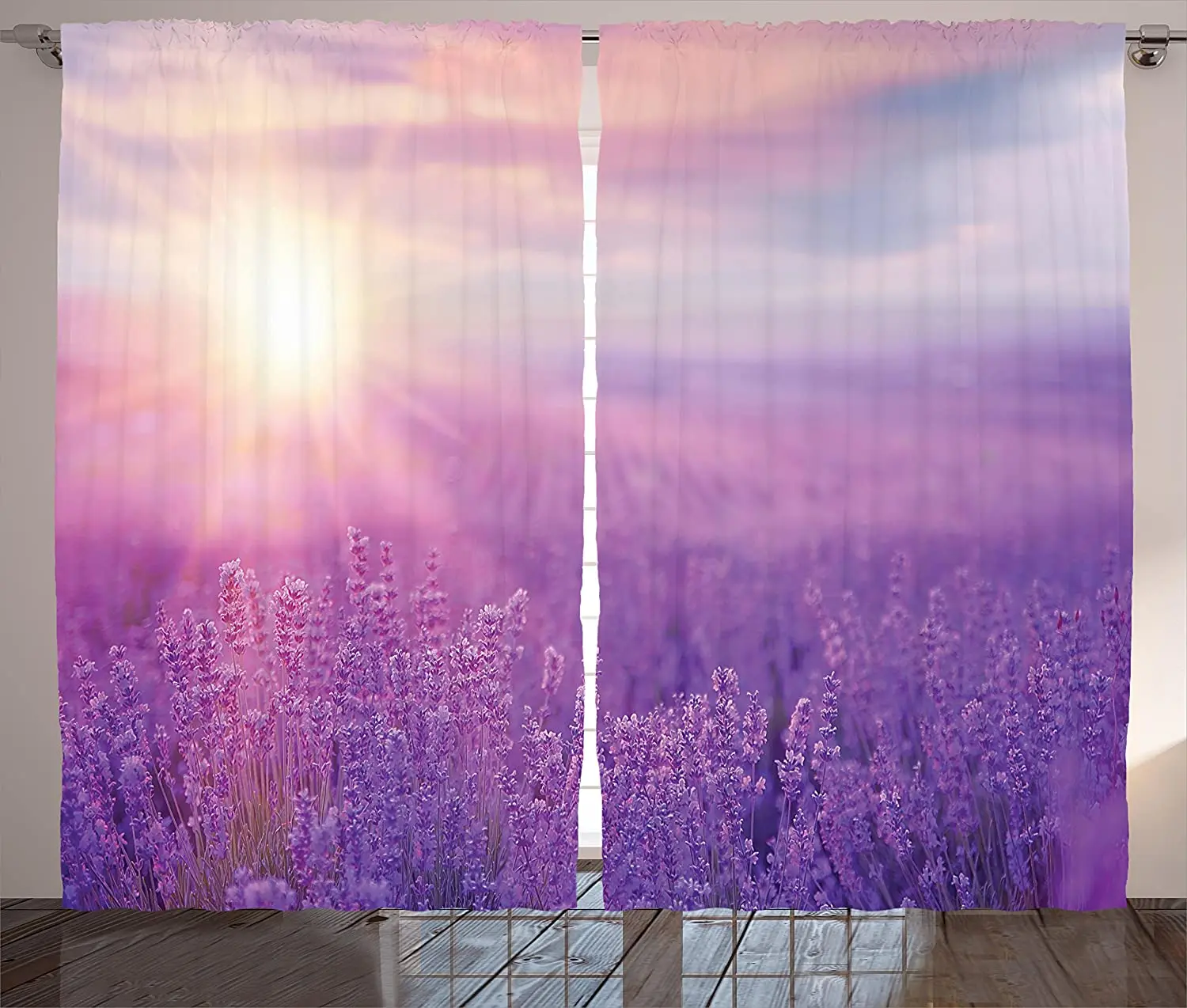 Nature Curtains Sunset Horizon Over Lavender Field in French Provence Floral Rural Picture Image Print Living Room Bedroom