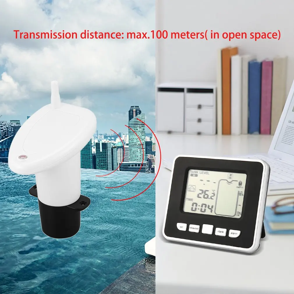 Hot 433MHz Ultrasonic Wireless Water Tank Liquid Depth Level Meter Sensor with Temperature Display with 3.3 Inch LED Display