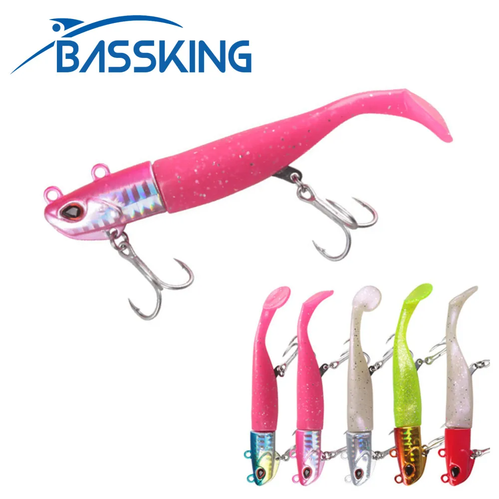 BASSKING Jig Head Long Casting T Tail Soft Lure Set 2pcs Lure Body Seabass Flounder Saltwater Sinking Fishing Lure Treble Hooks