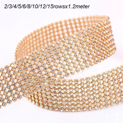 10rows Clear Crystal AB Rhinestone Trim Gold Crystal Hotfix Tape Glass Ribbon Rhinestone Decoration Iron on Garment Accessories